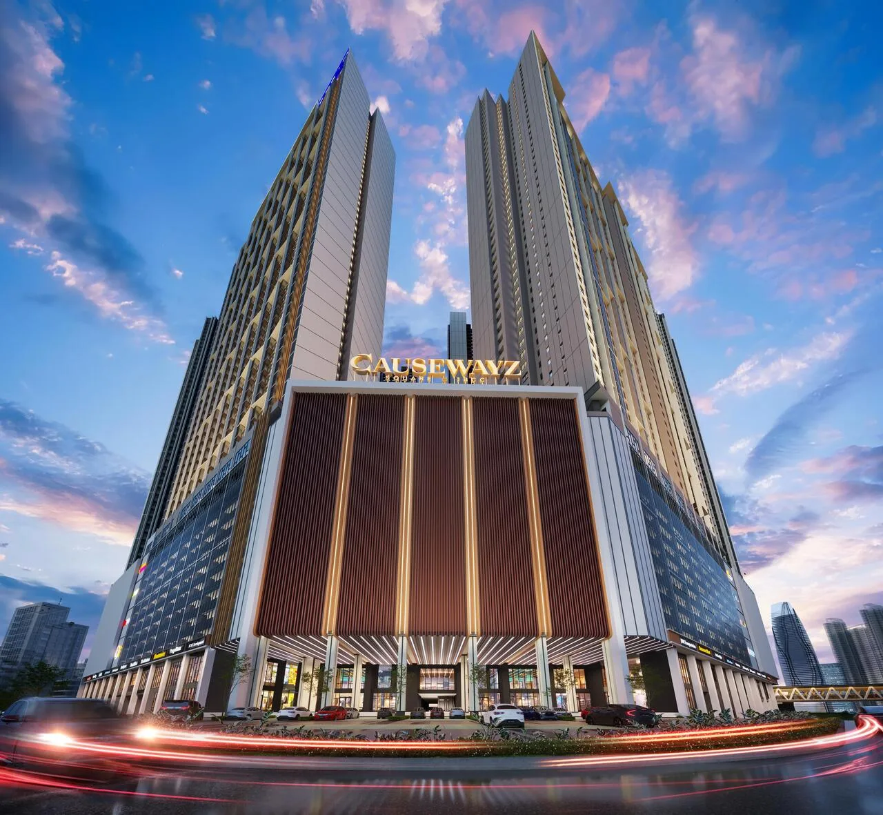 exsim ciq Causewayz Square @ JBCC signature facade view showcasing the illuminated podium, soaring residential towers and integrated mixed-use design, highlighting its prime location near the Johor–Singapore CIQ gateway and upcoming RTS Link