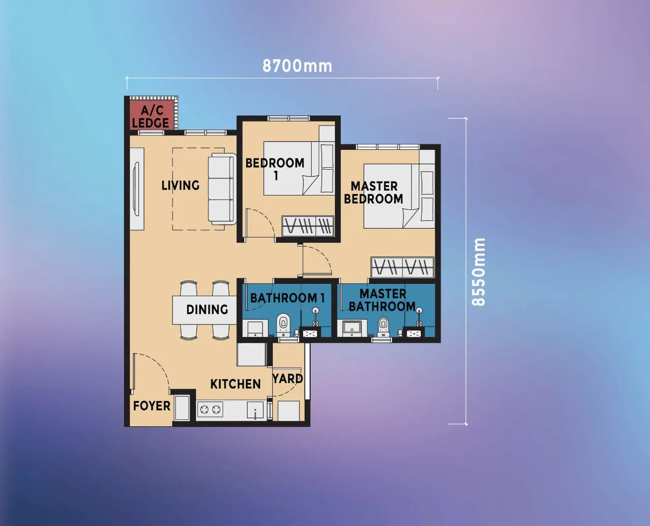 exsim ciq Causewayz Square @ JBCC Type D1 layout — a practical 2-bedroom family-friendly home with a cozy living and dining area for bonding time, two bathrooms for daily convenience, and a functional kitchen with yard ideal for small families or young parents