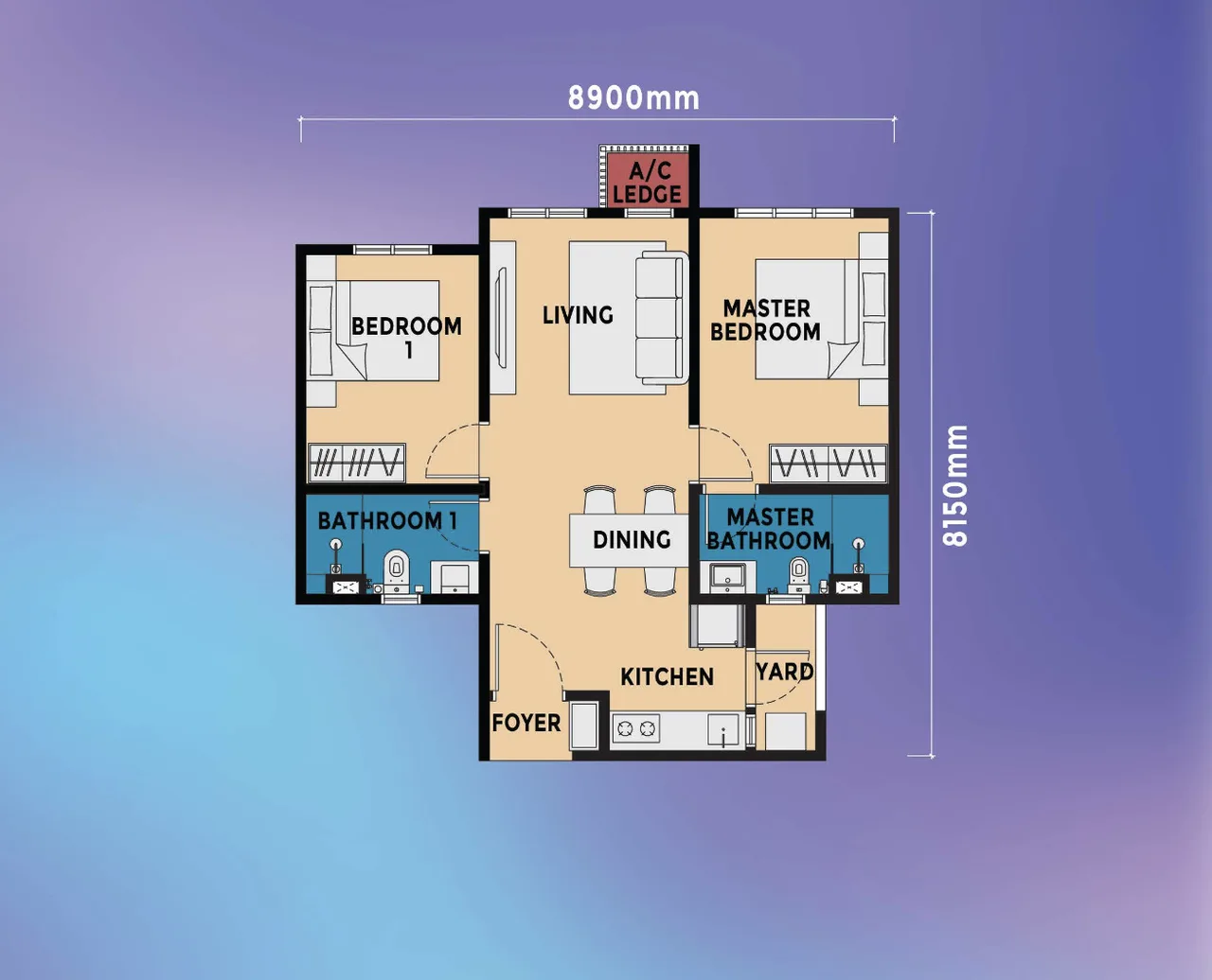 exsim ciq Causewayz Square @ JBCC Type D2 layout — ideal for young couples or small families, featuring 2 bedrooms, 2 bathrooms, a welcoming living area for gatherings, and a practical kitchen with yard for daily home routines