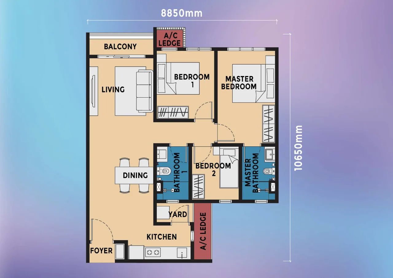 A practical 3-bedroom layout at Causewayz Square @ JBCC by EXSIM CIQ, featuring a bright living area with balcony, a functional kitchen with yard, two bathrooms, a master suite with attached bathroom, and well-planned spaces ideal for families and cross-border commuters.