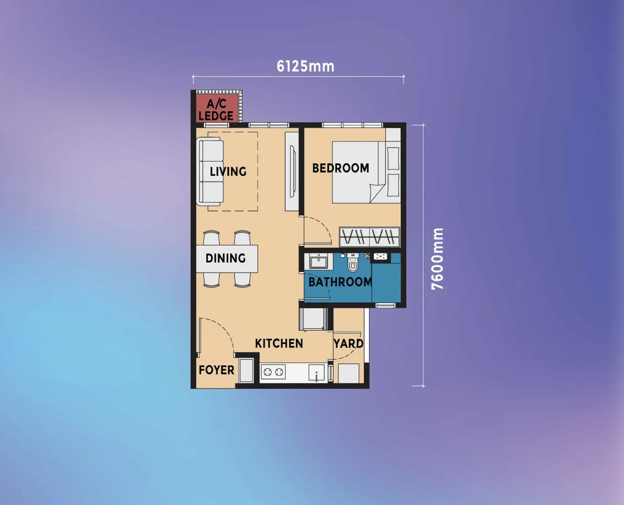 exsim ciq Causewayz Square @ JBCC Type C layout — a functional 1-bedroom home designed for practical everyday living, featuring a cozy living and dining area, a well-planned kitchen with yard, and a comfortable bedroom layout ideal for singles, young couples, or first-time homeowners seeking a manageable and warm living space.