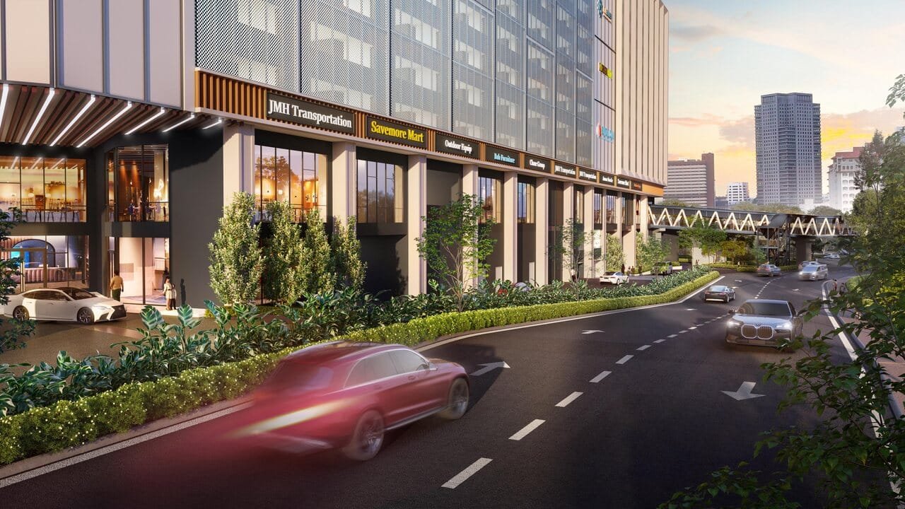 Causewayz Square retail podium and elevated link bridge toward the CIQ